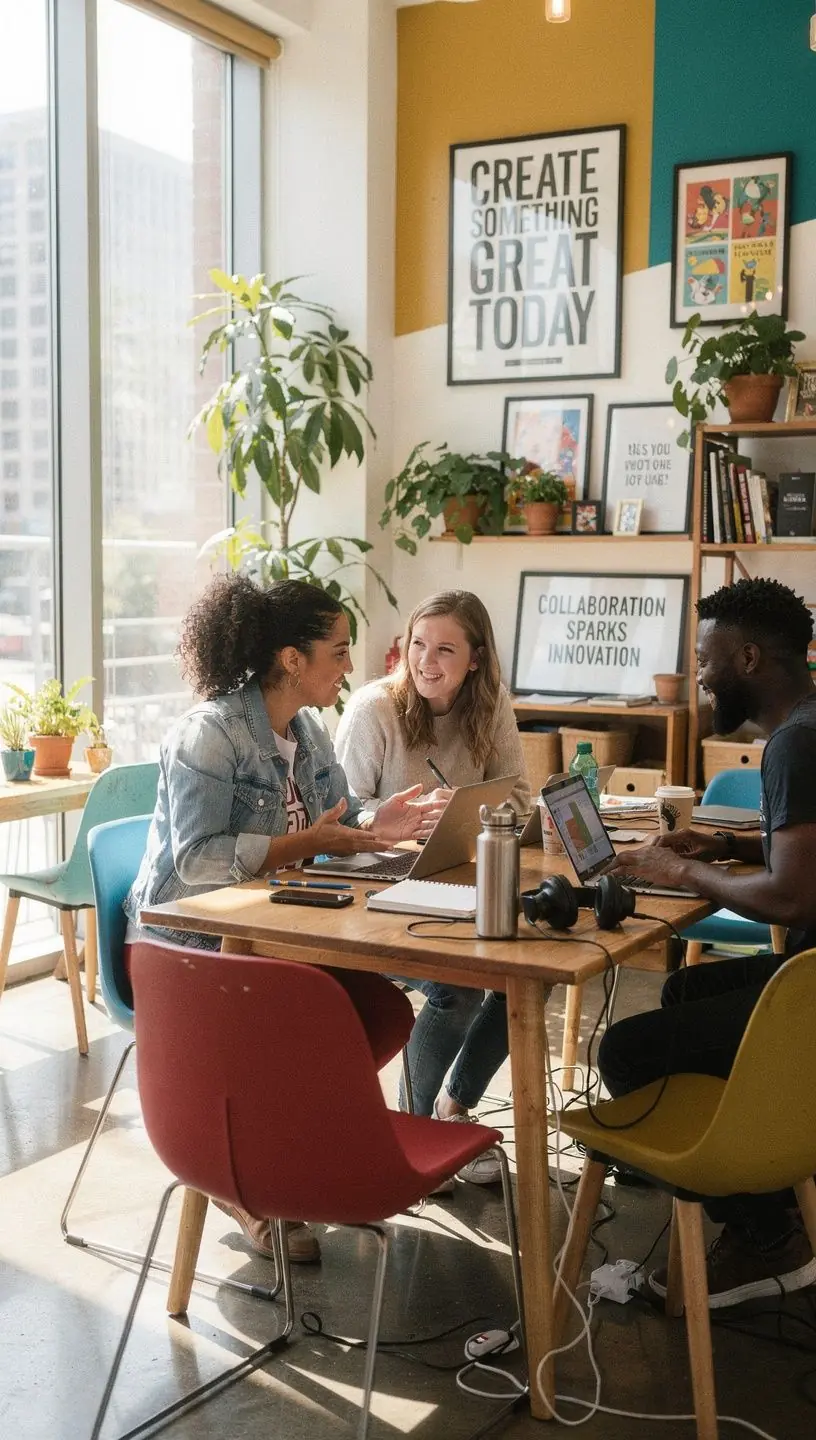 Przykład biura z otwartą przestrzenią, wykorzystującego naturalne materiały.