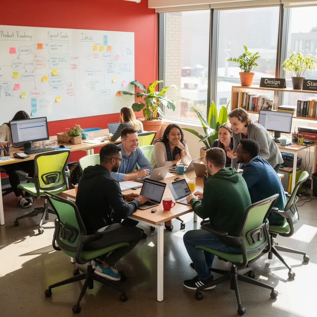 Biuro z akcentami kolorystycznymi, które odzwierciedlają tożsamość marki.